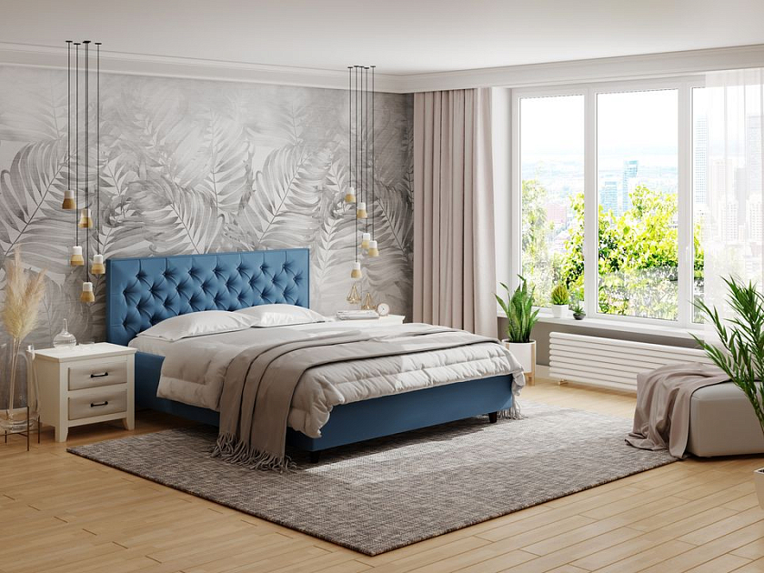 Кровать Teona 140x190 Ткань: Рогожка Тетра Голубой - Кровать с высоким изголовьем, украшенным благородной каретной пиковкой.